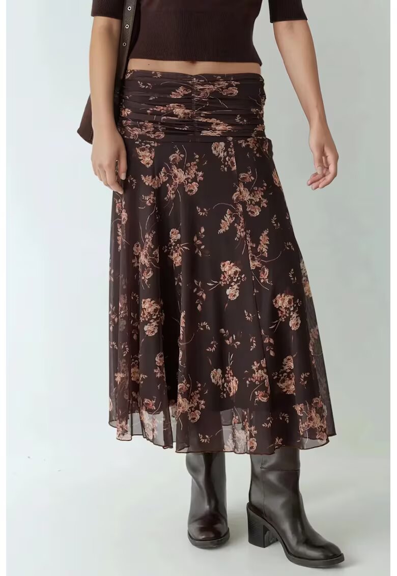 HiCCUP Fusta midi petrecuta imprimeu si volane - maro inchis - textil
