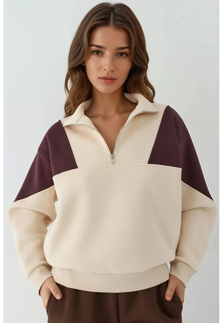 HiCCUP Hanorac dama guler inalt cu fermoar - confortabil - crem - textil