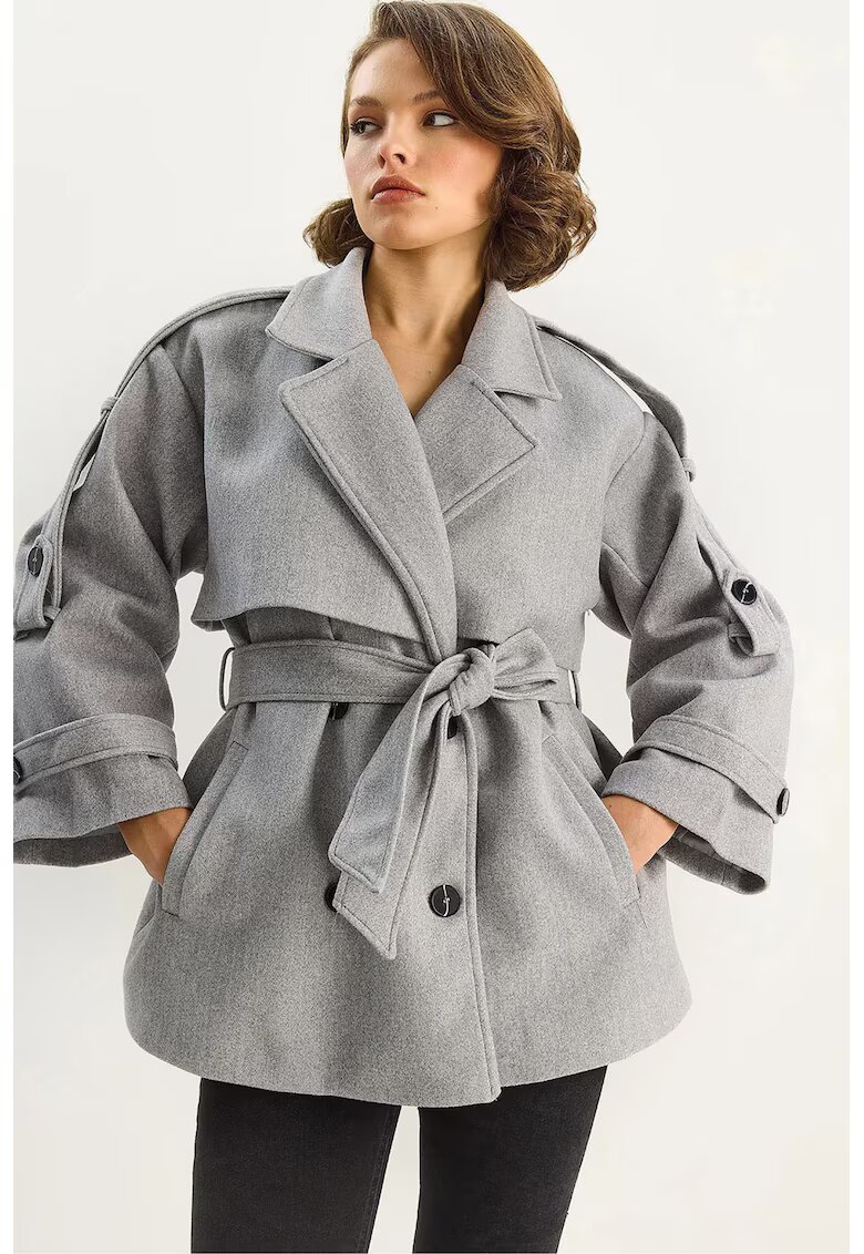 HiCCUP Palton dama - LUCCI - doua randuri de nasturi - cu centura - gri - fleece -