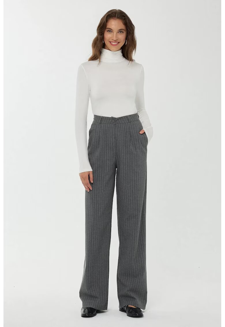 HiCCUP Pantaloni dama - drepti - talie inalta - dungi - gri - poliester
