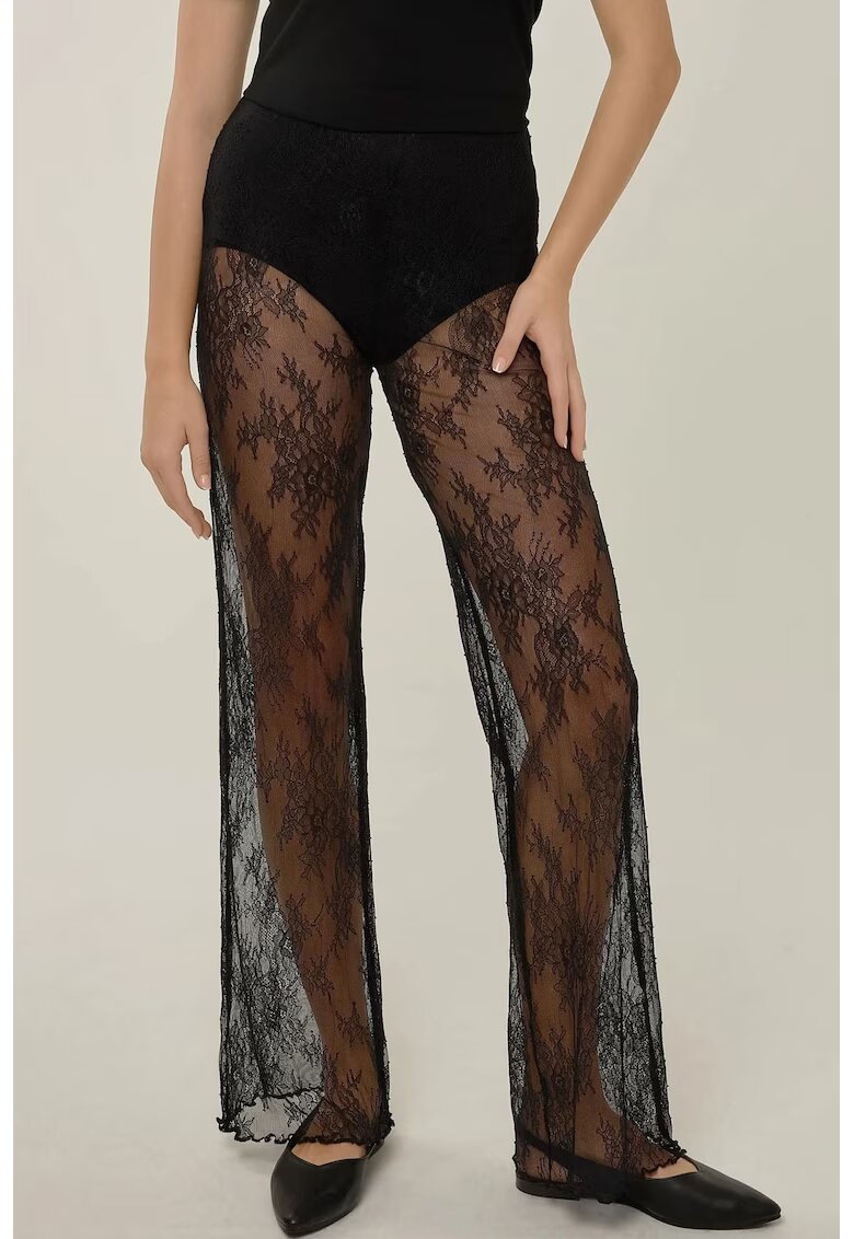 HiCCUP Pantaloni dama - evazati din dantela - talie inalta - negri - textil