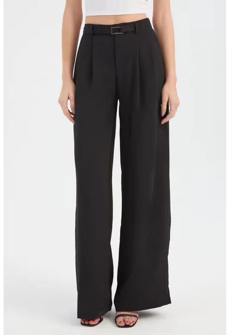 HiCCUP Pantaloni dama - largi plisati - talie inalta - negri - textil