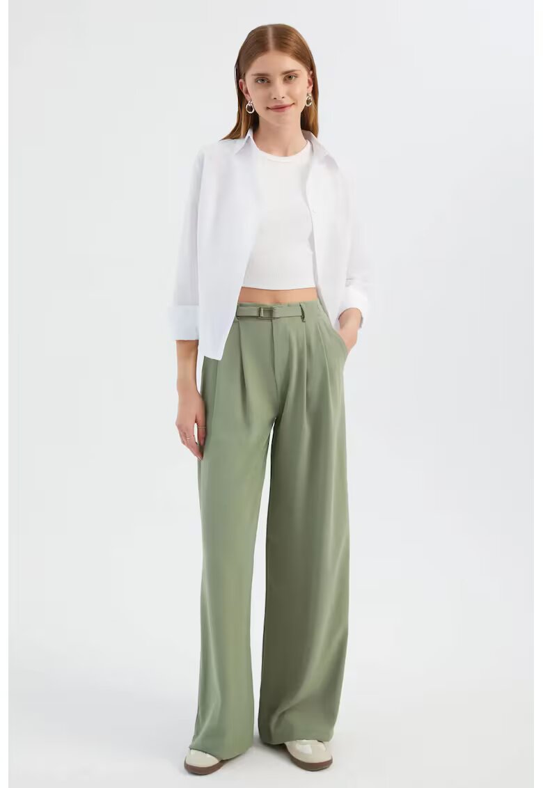 HiCCUP Pantaloni dama - largi plisati - talie inalta - verde - textil