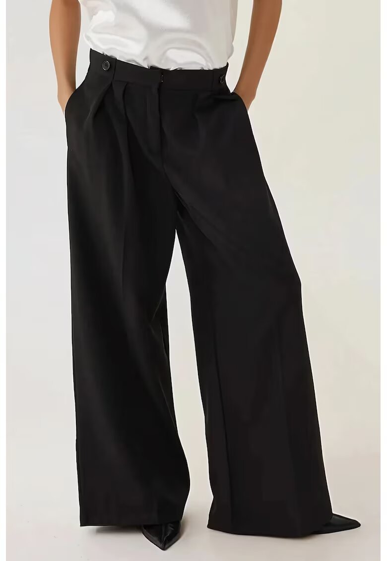 HiCCUP Pantaloni dama - palazzo plisati - talie inalta - negru - bumbac