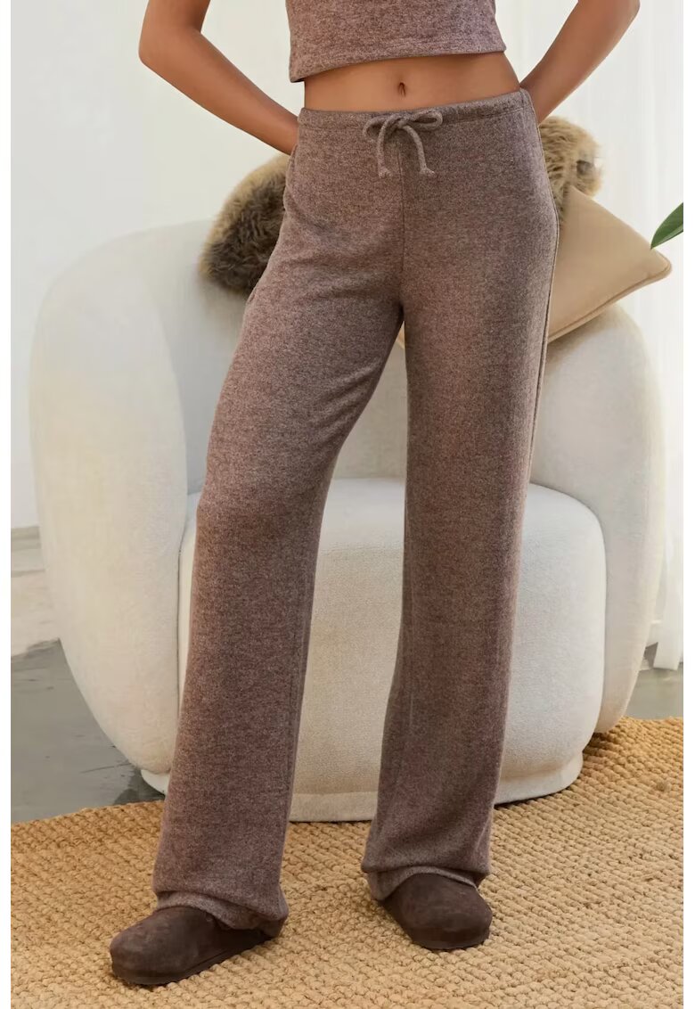 HiCCUP Pantaloni dama - tricotati - talie inalta - maro - poliester