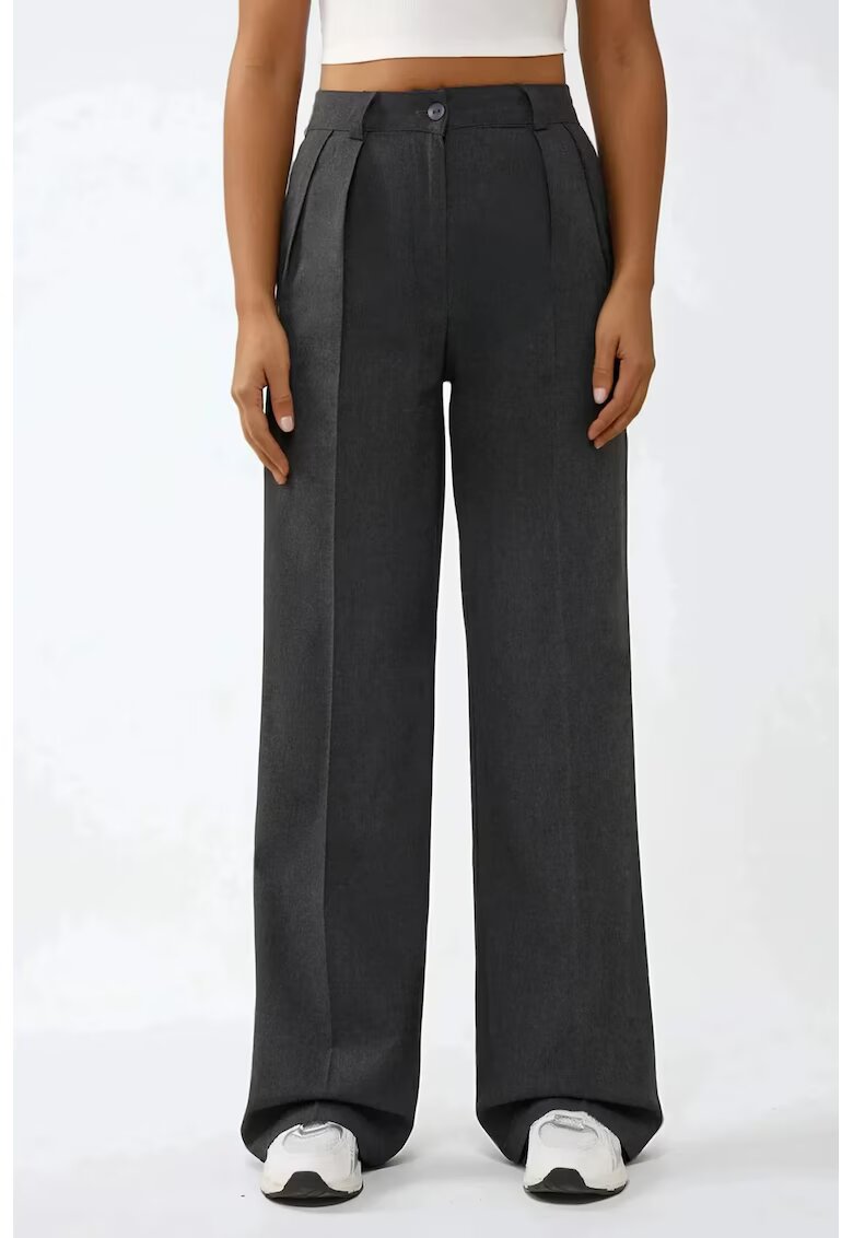 HiCCUP Pantaloni pentru dama - Palazzo - cu talie inalta - croiala larga - textil - gri inchis