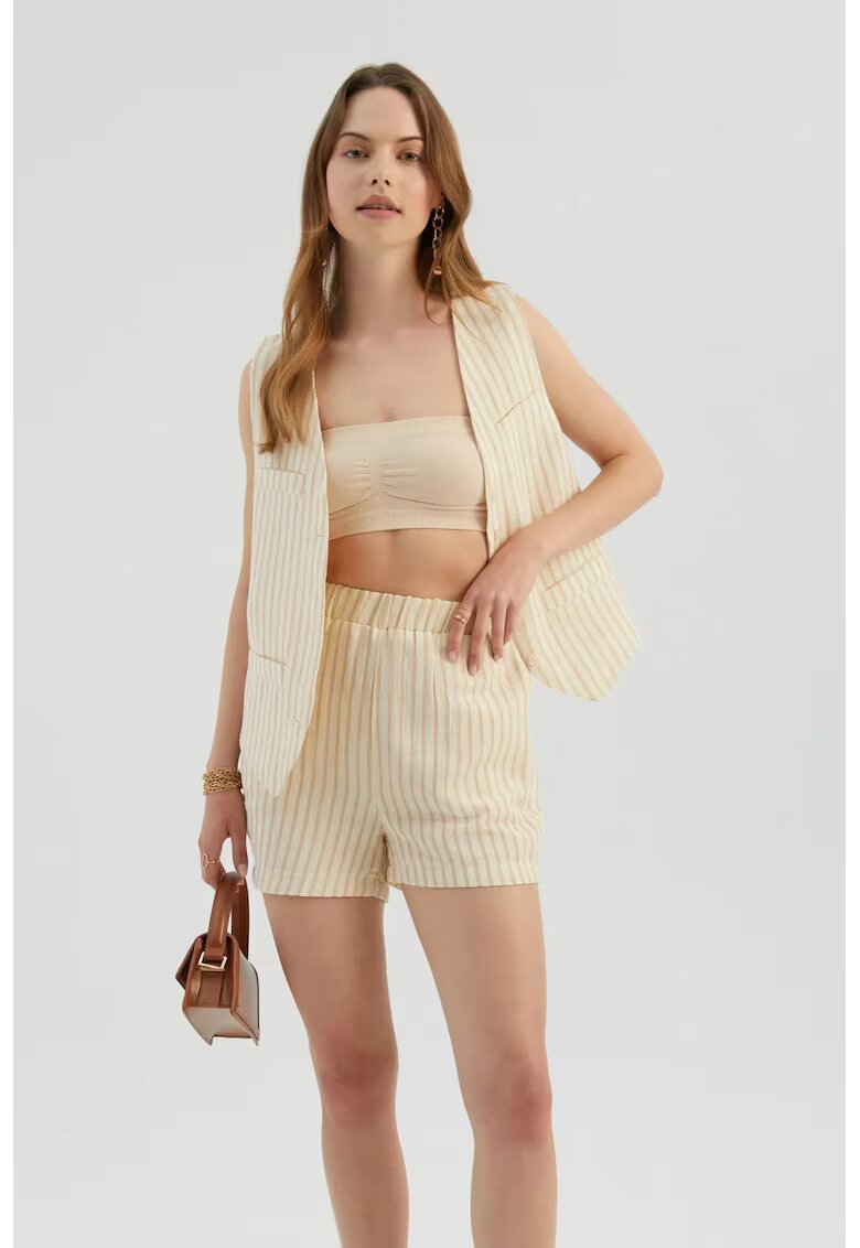 HiCCUP Pantaloni scurti dama - cu talie inalta - dungi - maro - textil