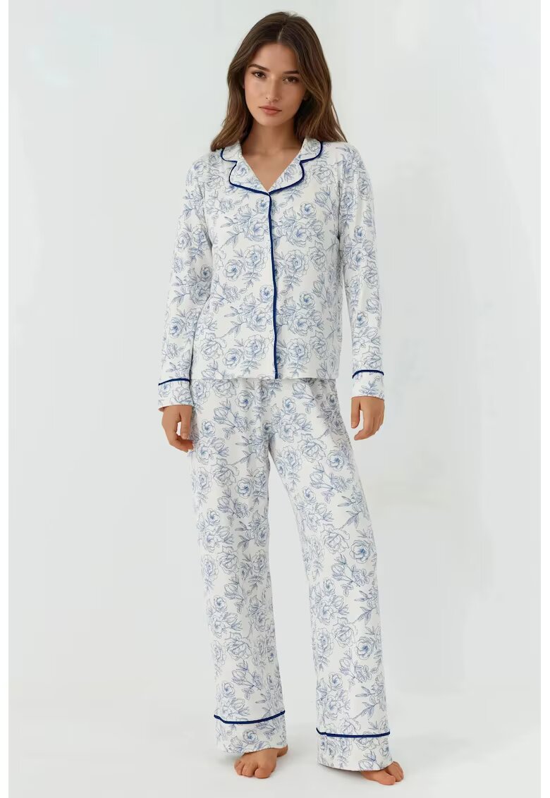 HiCCUP Pijama dama loungewear cu maneca lunga - imprimeu floral - extra moale - alb albastru - jerseu