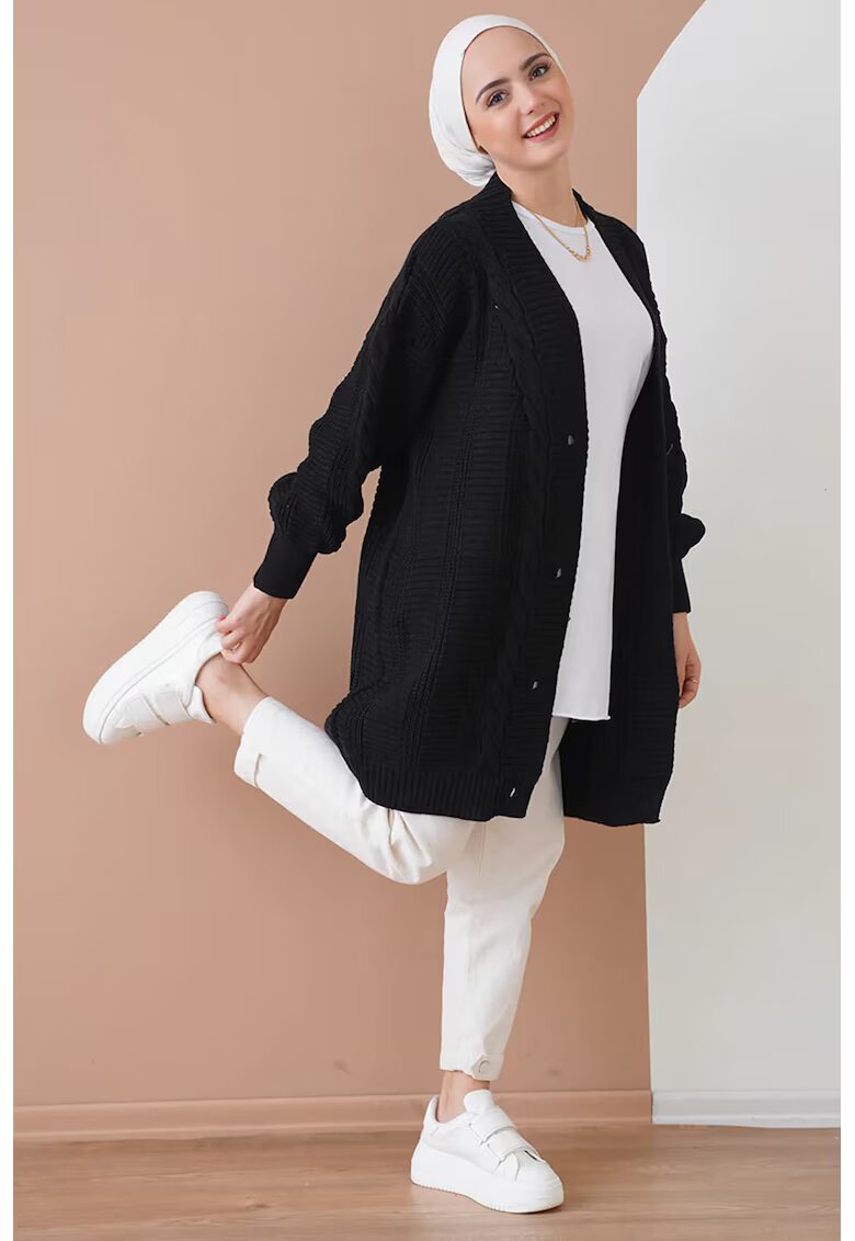 HiCCUP Pulover dama - cardigan jacquard cu nasturi - decolteu in V - negru - tricot -