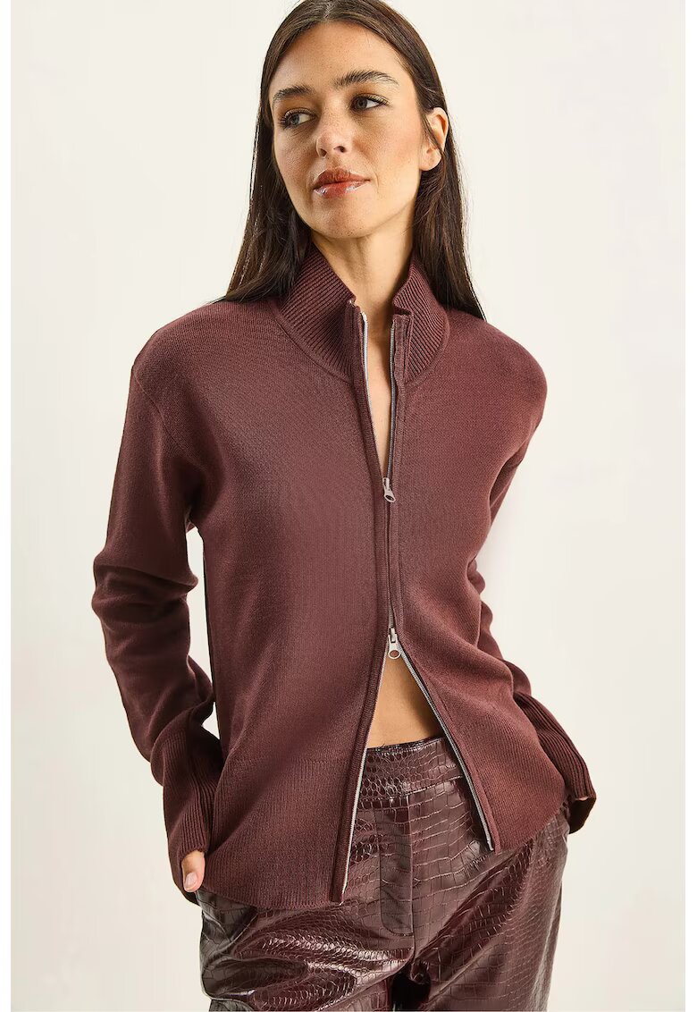 HiCCUP Pulover dama - cardigan tricotat - guler pe jumatate - fermoar - visiniu - tricot -