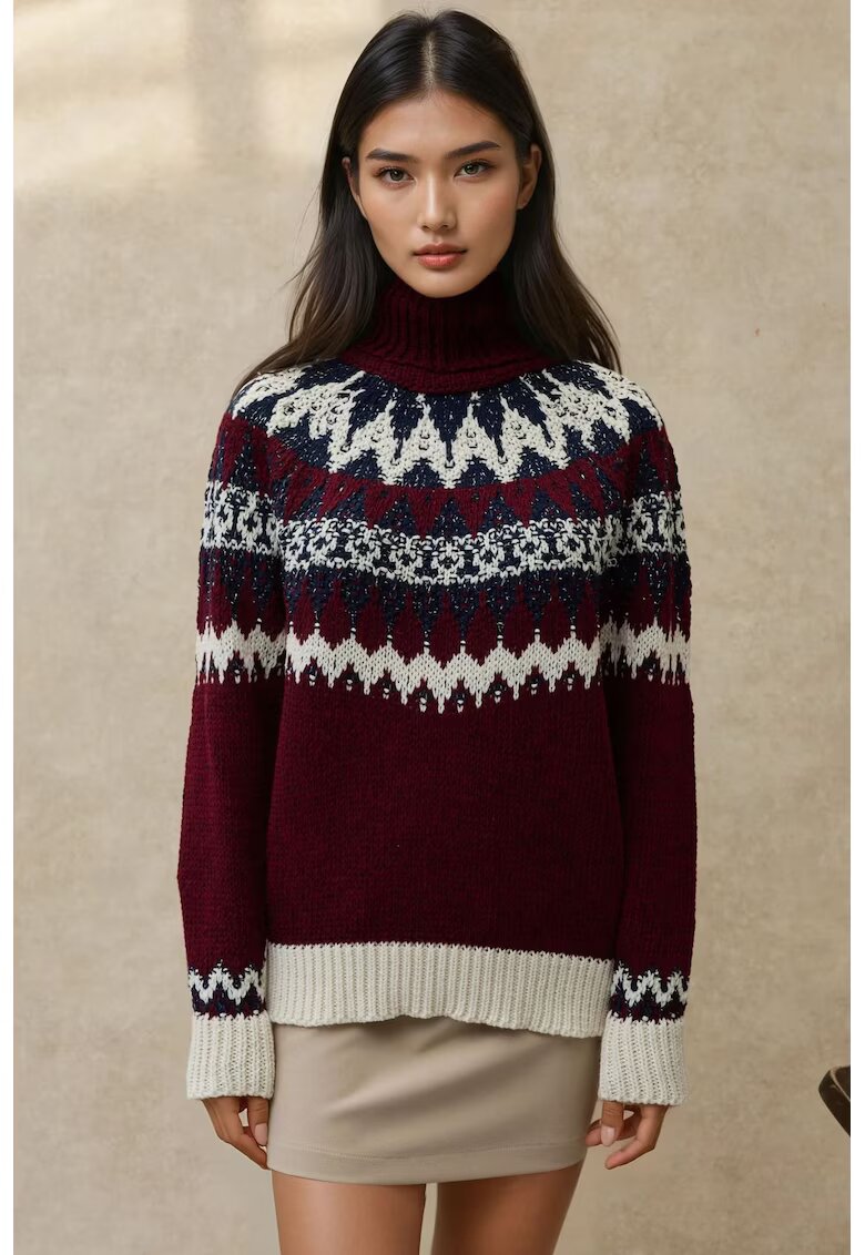 HiCCUP Pulover dama - cu guler inalt - tricot - Rosu Burgund -