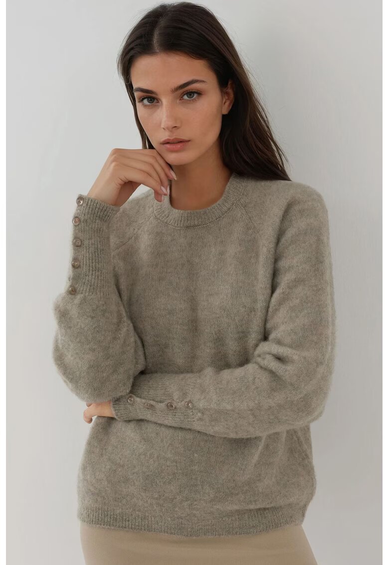HiCCUP Pulover dama - cu maneca lunga - detalii nasturi - tricot - Gri deschis -