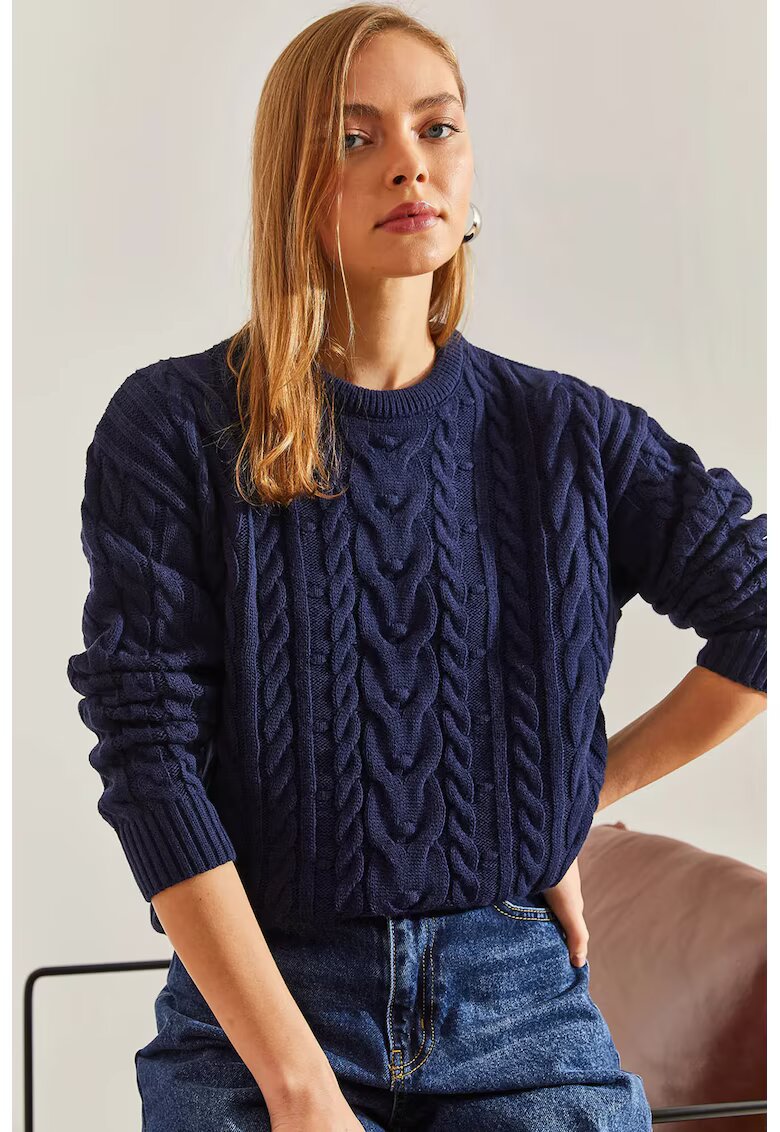 HiCCUP Pulover dama - guler rotund - texturat - bleumarin - tricot -