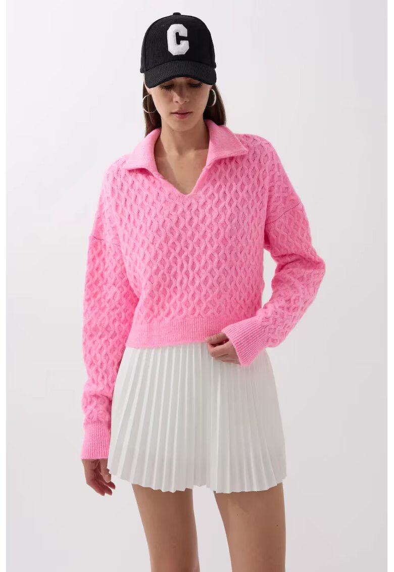 HiCCUP Pulover dama - pulover tricotat texturat cu guler camasa - roz - tricot