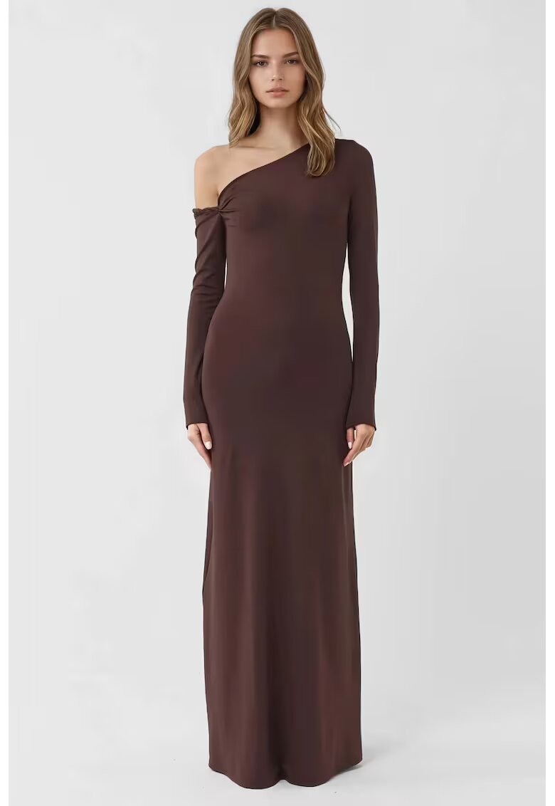 HiCCUP Rochie Maxi - Bodycon cu Guler Asimetric - Maro - Jerseu