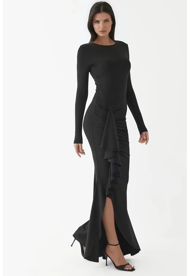 HiCCUP Rochie Maxi - cu Maneci Lungi - Volane - Negru - Textil