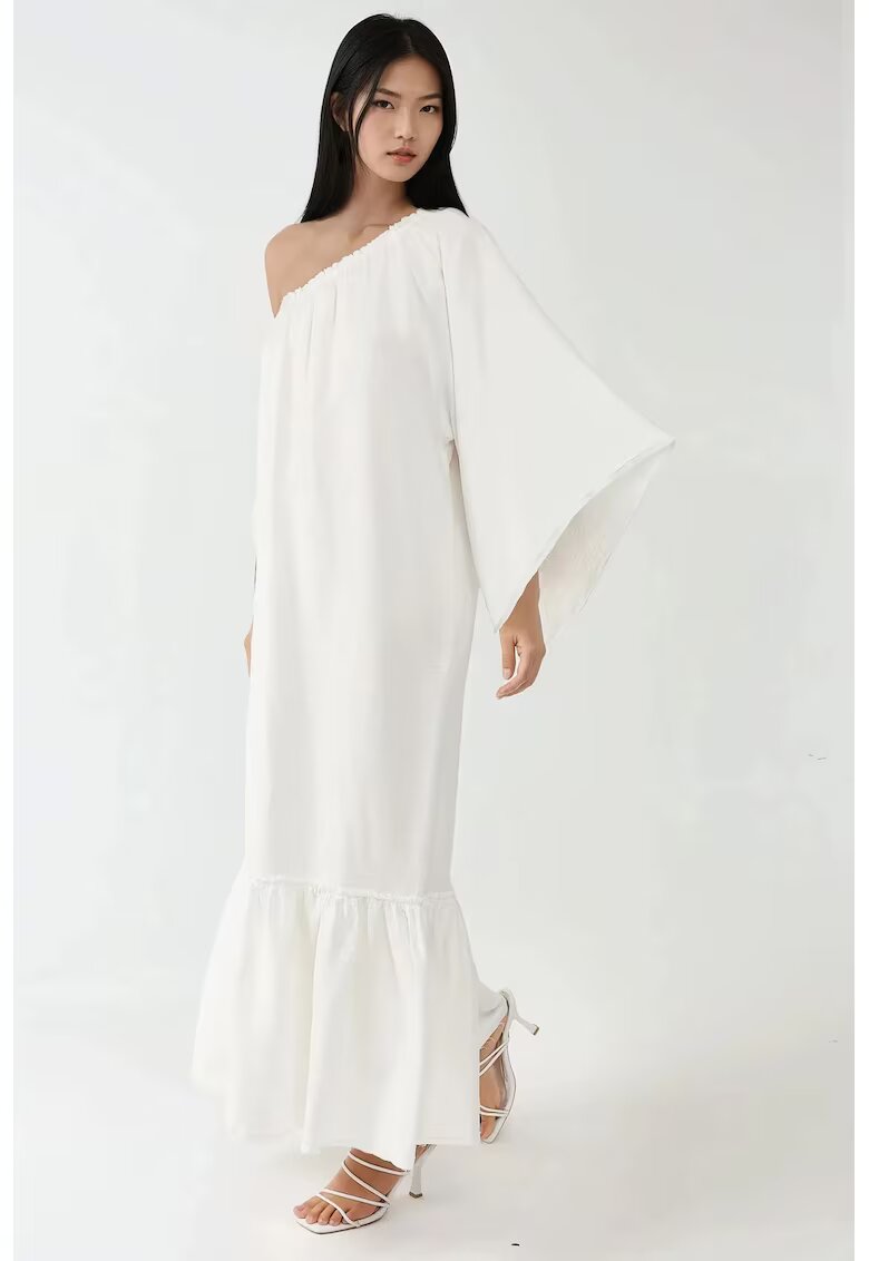 HiCCUP Rochie maxi - guler asimetric - umeri goi - alb - textil