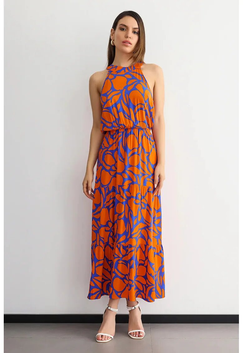 HiCCUP Rochie maxi - Imprimeu floral - Decolteu halter - Portocaliu/Albastru - Portocaliu