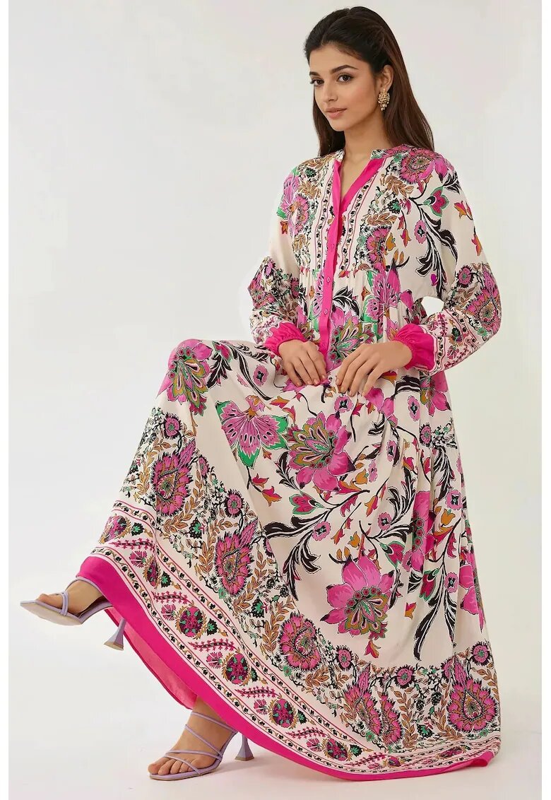 HiCCUP Rochie maxi maneca lunga - imprimeu - roz - viscoza