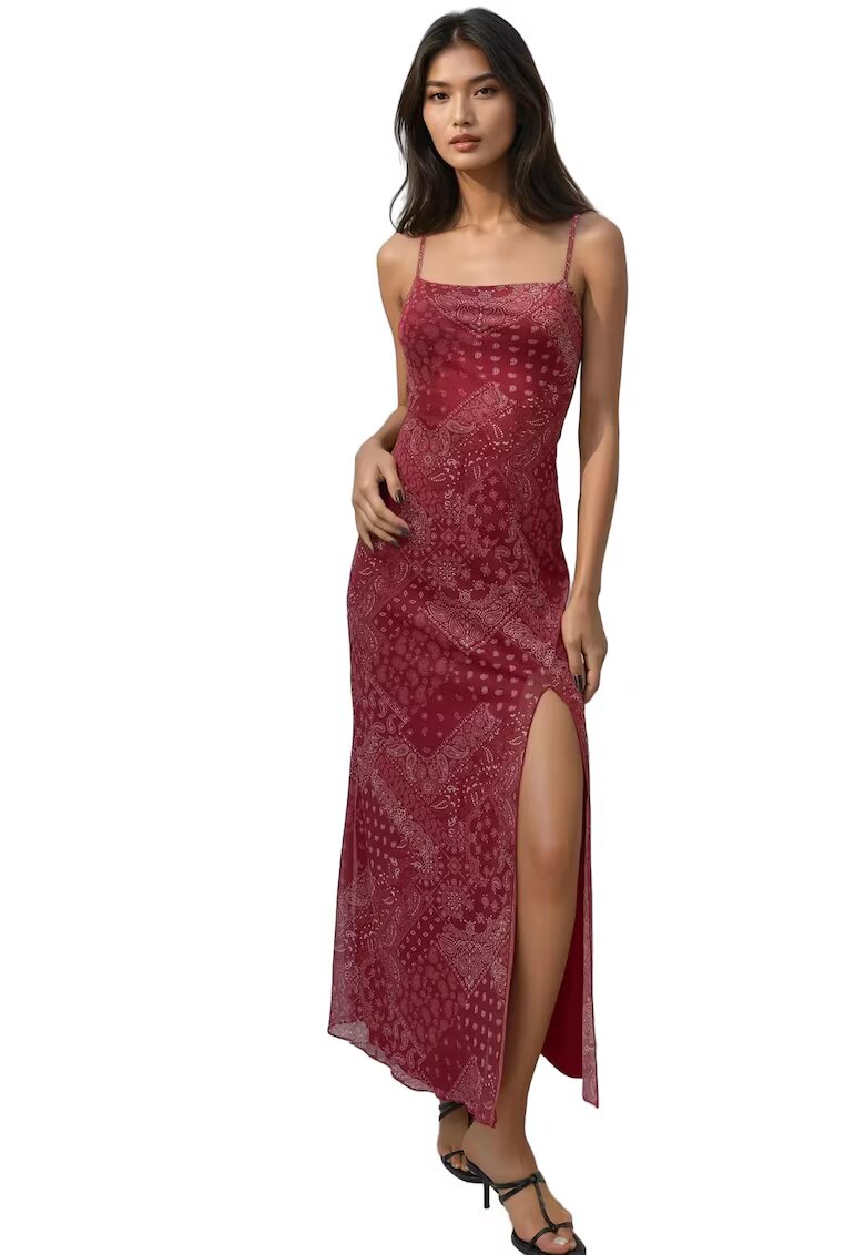HiCCUP Rochie midi cu guler patrat și imprimeu roșu - Multicolor