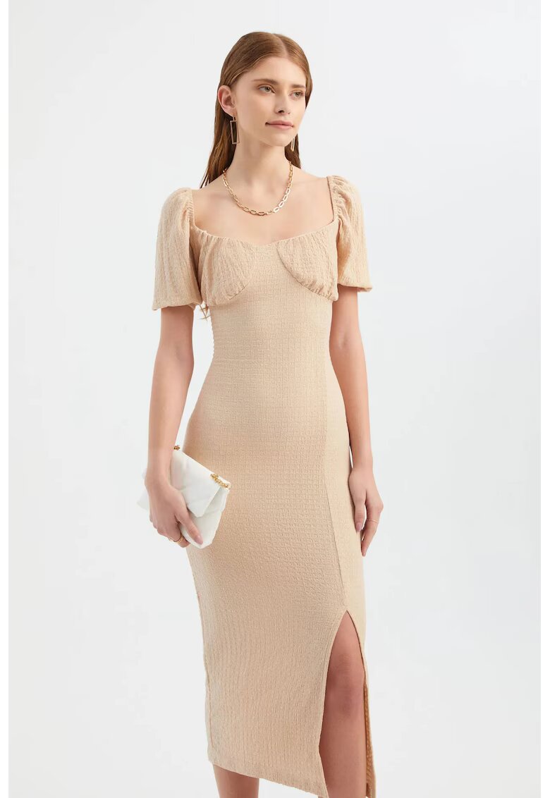 HiCCUP Rochie midi decolteu inima - maneci cu crapatura - bej - textil