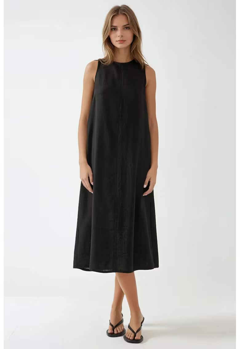 HiCCUP Rochie midi - fara maneci - guler rotund - neagra - din bumbac amestecat cu in