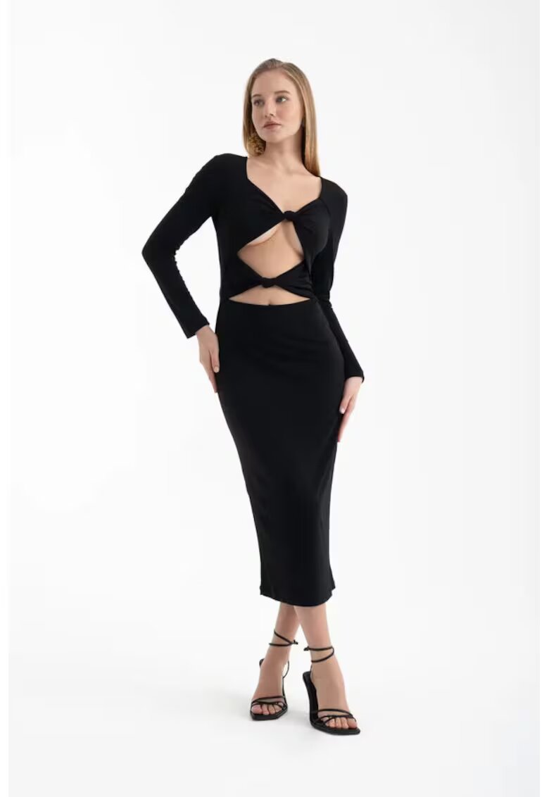 HiCCUP Rochie midi - maneca lunga - decolteu rotund - neagra - textil
