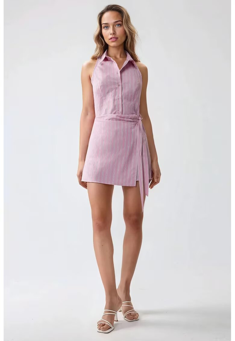 HiCCUP Rochie mini cu dungi - guler camasa - roz - textil