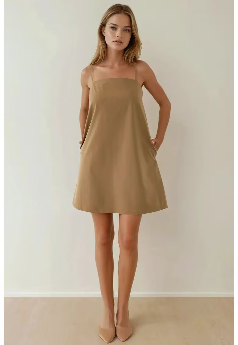 HiCCUP Rochie mini decolteu patrat - buzunare - maro - textil