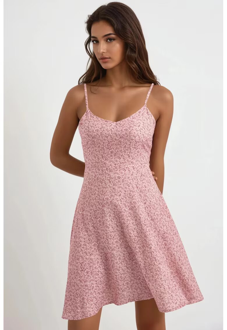 HiCCUP Rochie mini - imprimeu floral - decolteu in V - roz - bumbac