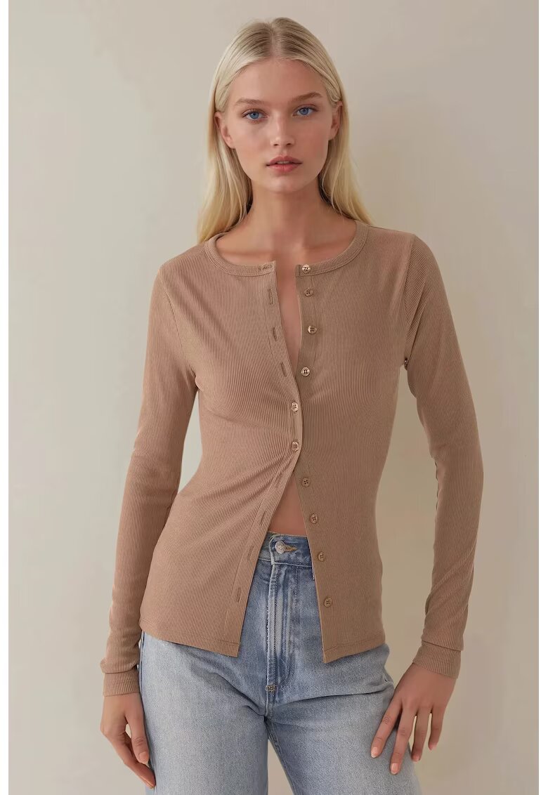 HiCCUP Top dama - slim fit - decolteu in V - maneca lunga - maro - bumbac