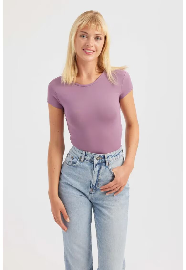 HiCCUP Top scurt dama - guler rotund - spate incrucisat - violet - textil