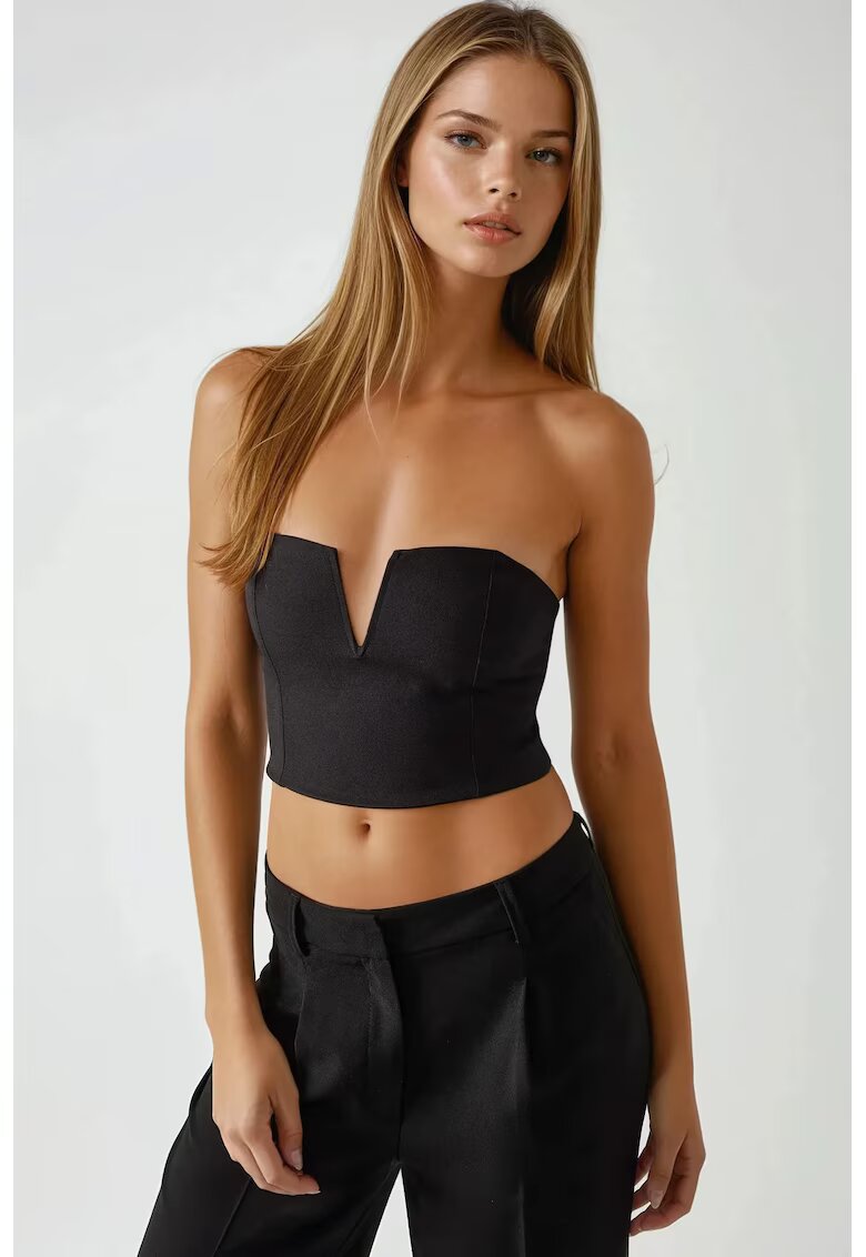 HiCCUP Top scurt - fara bretele - cu incretituri - negru - textil