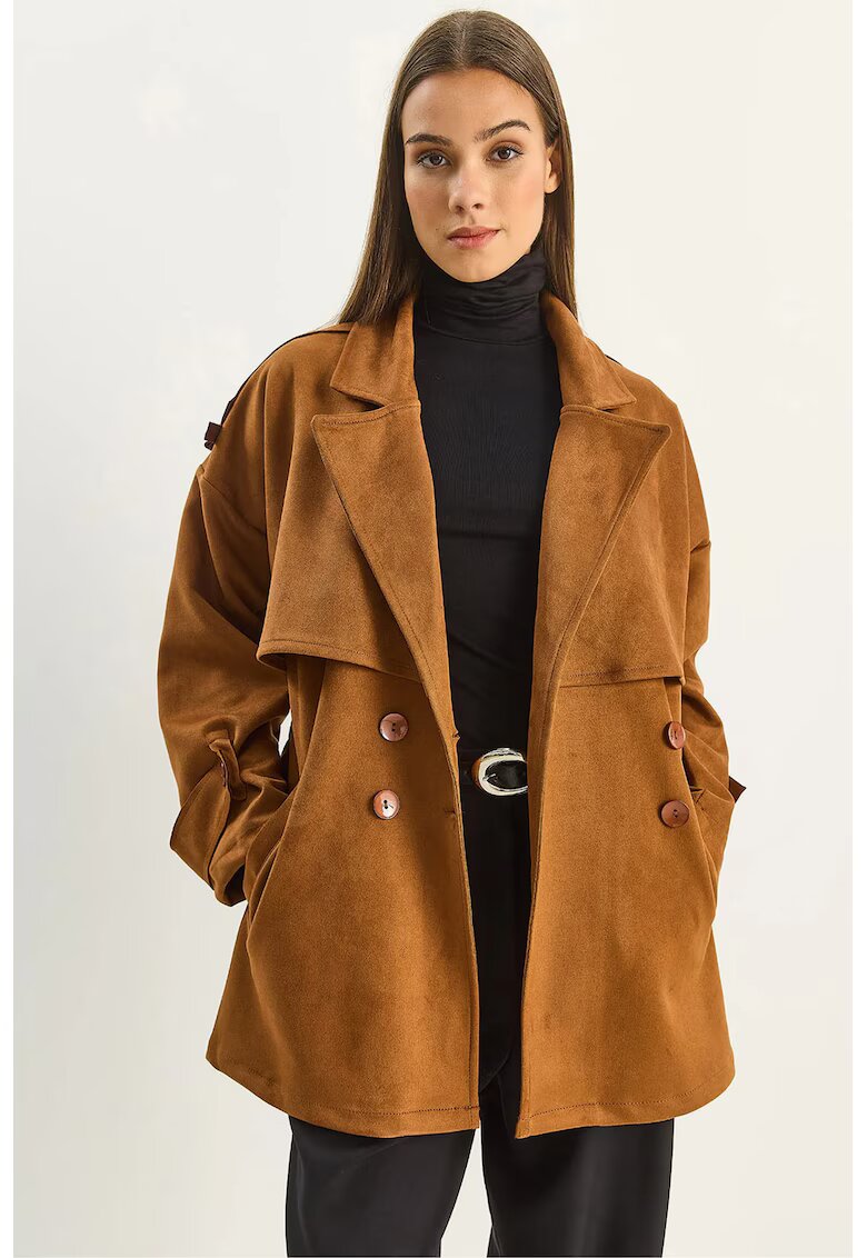 HiCCUP Trench dama trench midi - doua randuri de nasturi - maro - textil