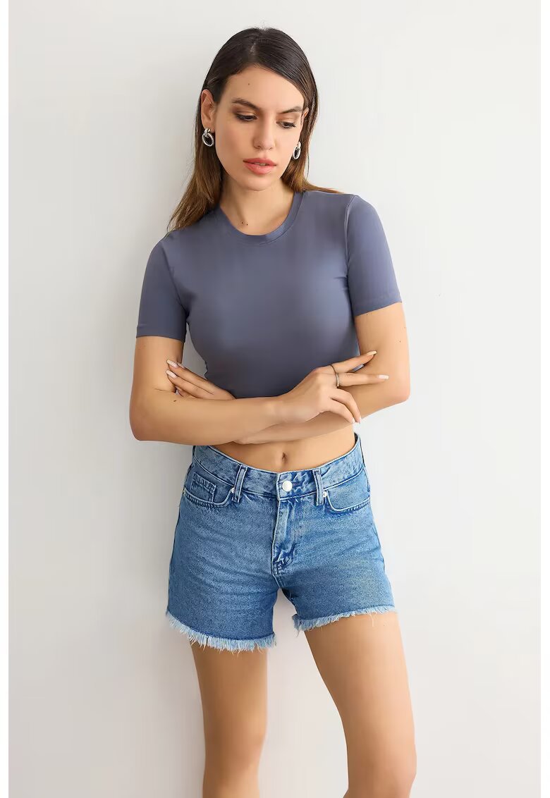 HiCCUP Tricou dama - crop basic - guler rotund - gri - jerseu