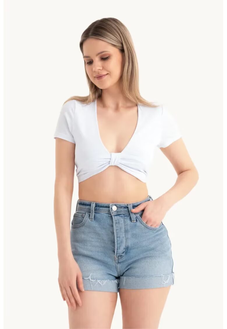HiCCUP Tricou dama - scurt - decolteu adanc in V - maneci scurte - alb - textil