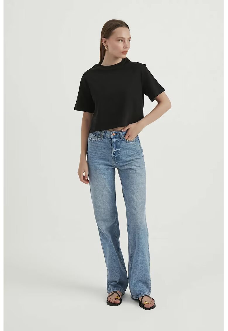 HiCCUP Tricou dama - top scurt - guler rotund - jerseu - Negru -