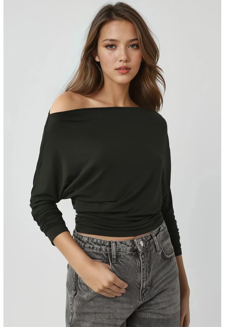 HiCCUP Tricou tricotat elastic cu maneca lunga si guler asimetric verde