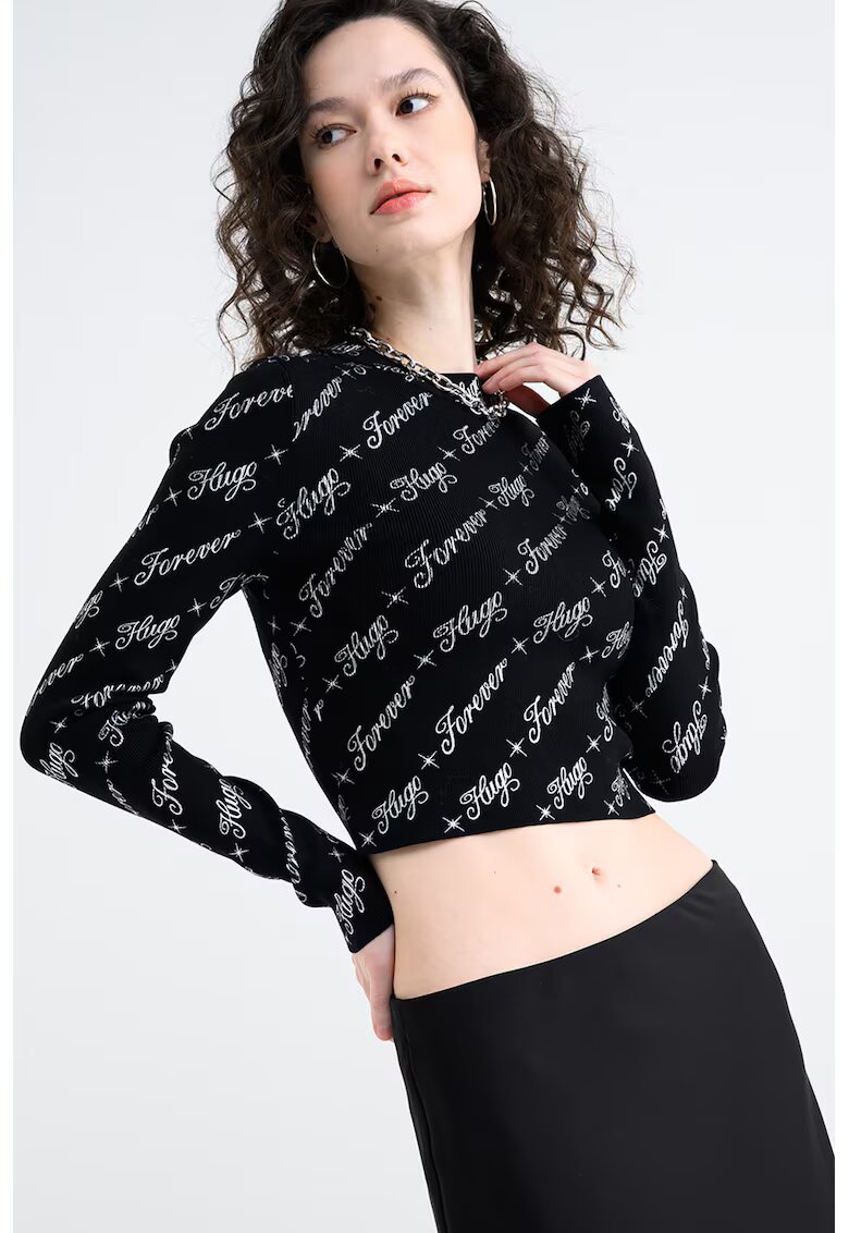 HUGO Bluza crop cu imprimeu logo - Negru/Argintiu