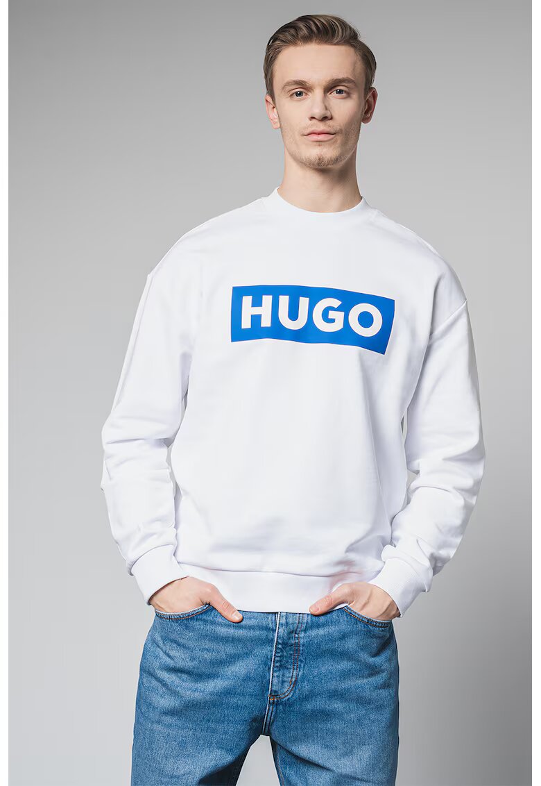 HUGO Bluza de trening cu decolteu la baza gatului si logo - Alb/Albastru royal