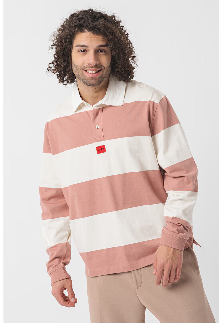HUGO Bluza polo in dungi - Alb/Roz prafuit