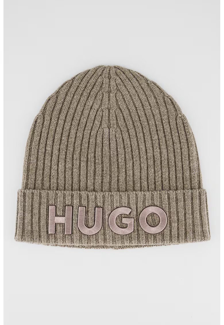 HUGO Caciula de lana virgina cu logo brodat - Gri