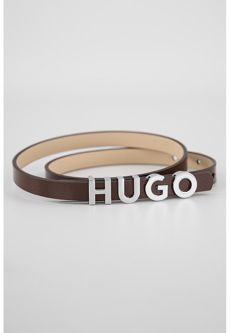 HUGO Curea subtire de piele cu catarama cu logo - Maro inchis