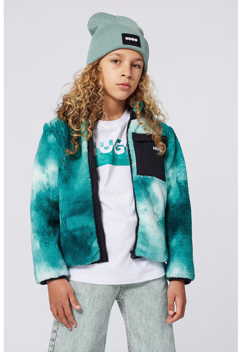 HUGO Jacheta din fleece cu model tie-dye - Alb/Negru/Verde persan
