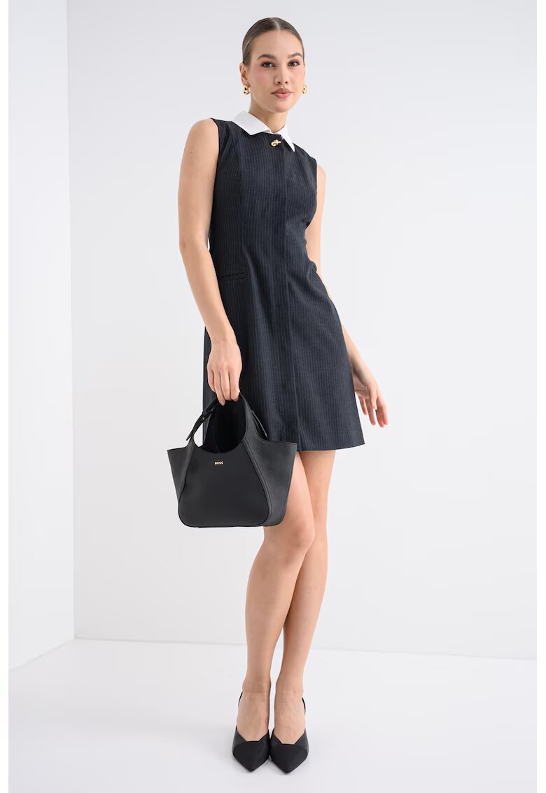 HUGO Rochie mini cu dungi discrete si guler de blana sintetica Kaledoni - Alb murdar/Bleumarin