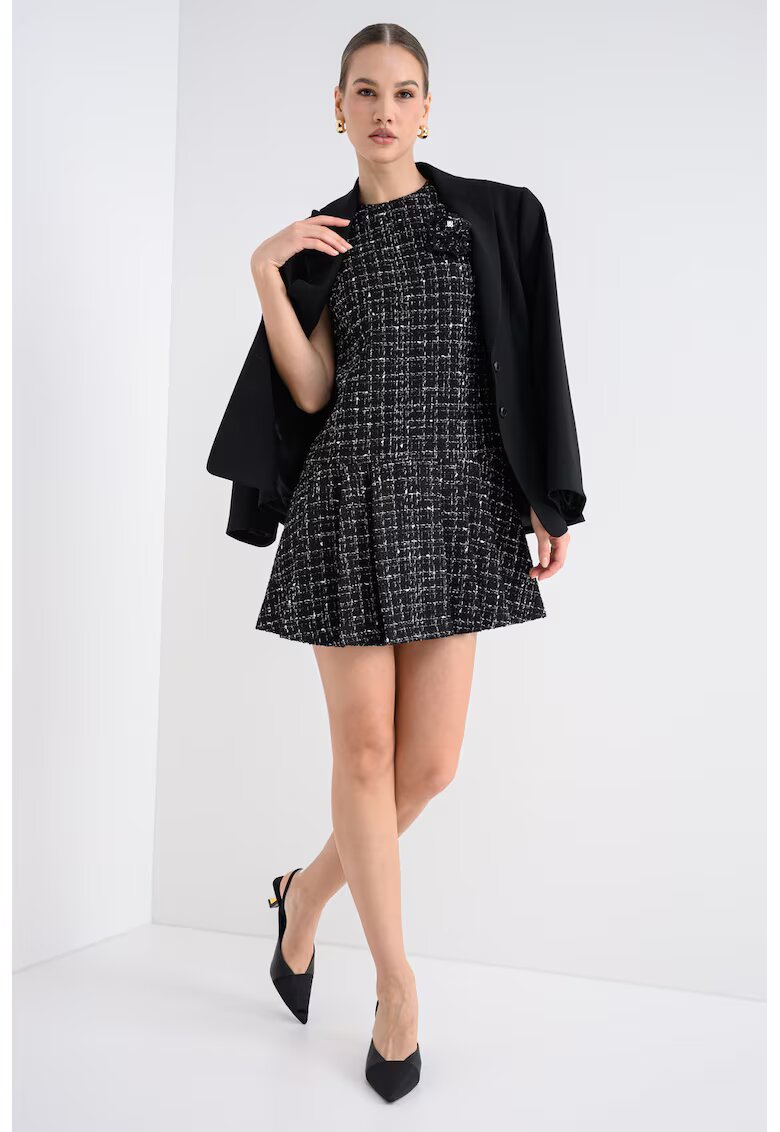 HUGO Rochie mini din amestec de lana cu aplicatie floare - Negru/Alb murdar