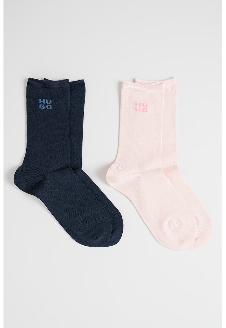HUGO Set de sosete lungi cu imprimeu logo - 2 piese - Negru/Piersica