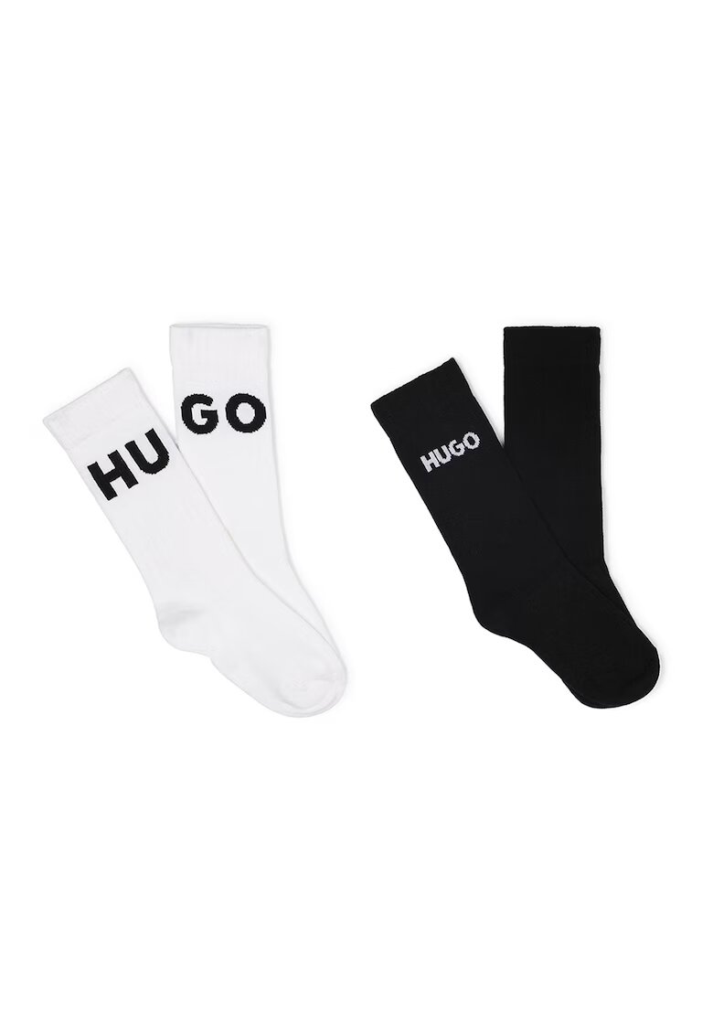 HUGO Set de sosete lungi cu logo - 2 perechi - Alb/Negru