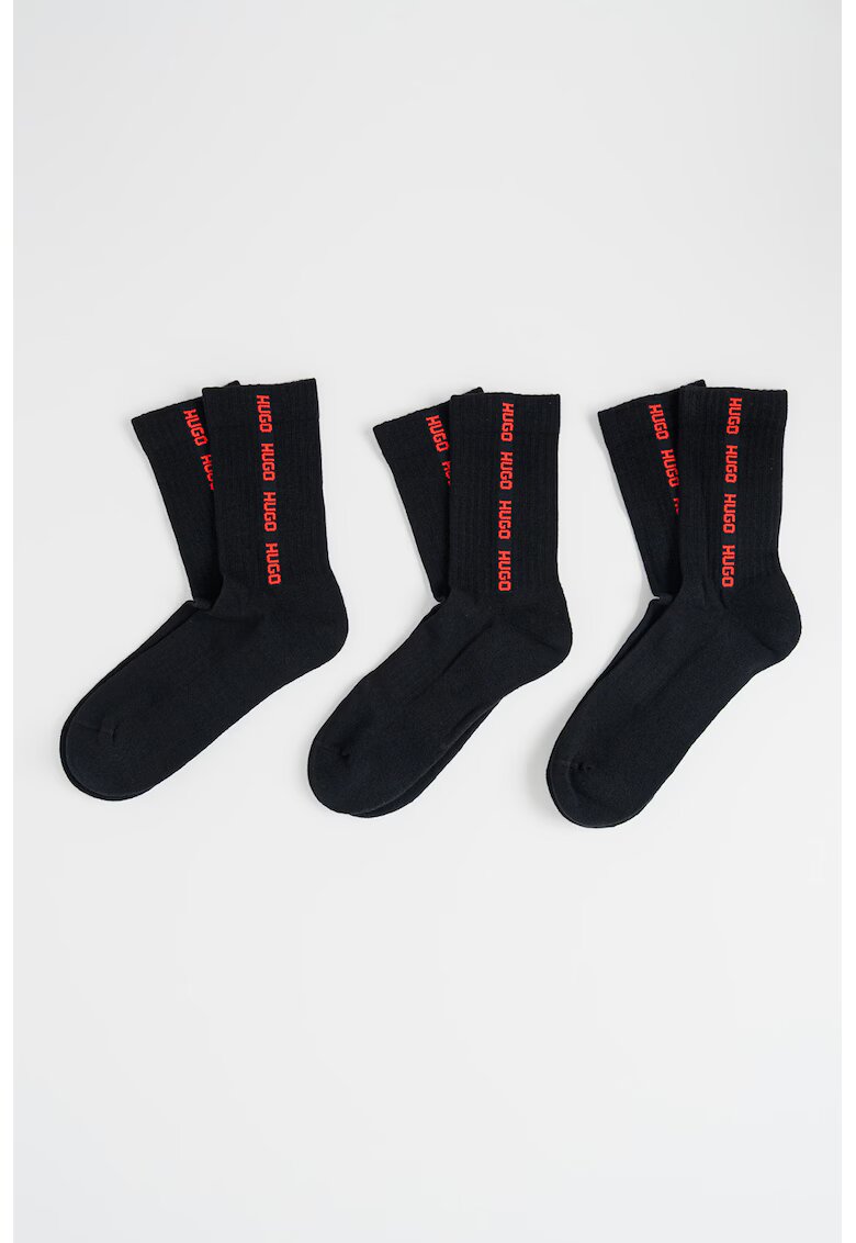 HUGO Set de sosete lungi cu logo - 3 perechi - Negru