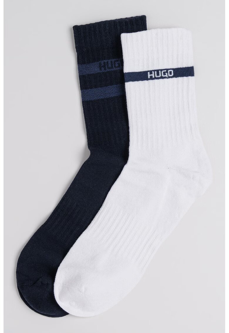 HUGO Set de sosete lungi din amestec de bumbac cu detaliu logo - 2 perechi - Alb/Albastru ultramarin